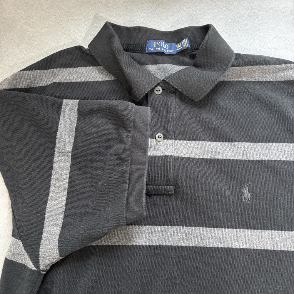 Polo Ralph Lauren Mens Short Sleeve Polo 2XL Tall Black Gray Stripe 100% Cotton